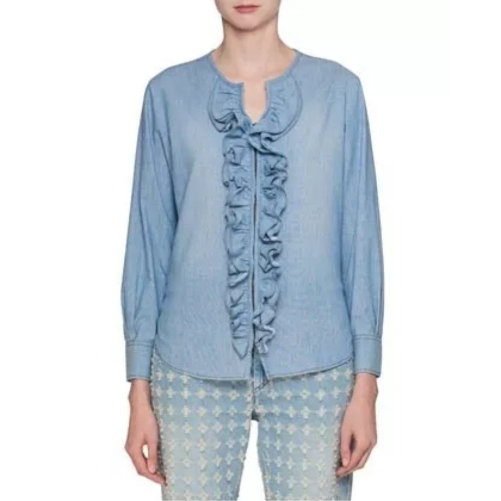 Isabel Marant Étoile Liz Zip-Front Ruffled Denim‎ Chambray Blouse Size 38 US 6